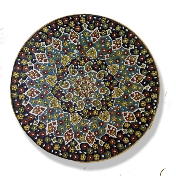 A premium 40 cm hand-painted enameled earthenware plate titled "The Azure Meadow" featuring vibrant turquoise and yellow embossed floral patterns.