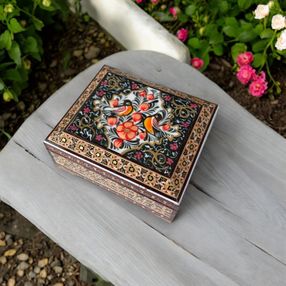 Exclusive Birds and Flowers Hand Painted Inlaid Wood Jewelry Box Heritage Collection Detail