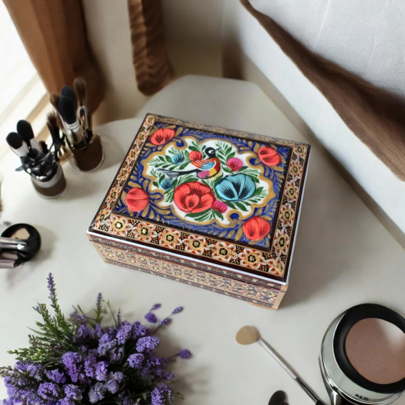 Exclusive Hand Painted Birds and Flowers Wooden Jewelry Box Heritage Collection Detail