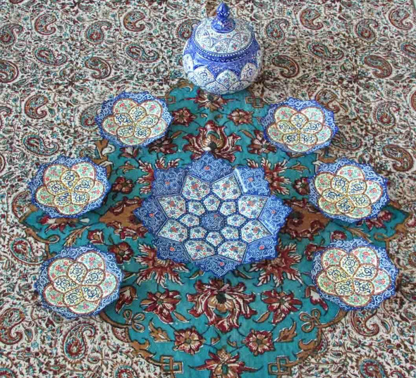 A luxurious Persian copper Minakari Haft-Seen set featuring a central bowl, assorted side dishes, and an enamel container with intricate blue patterns.