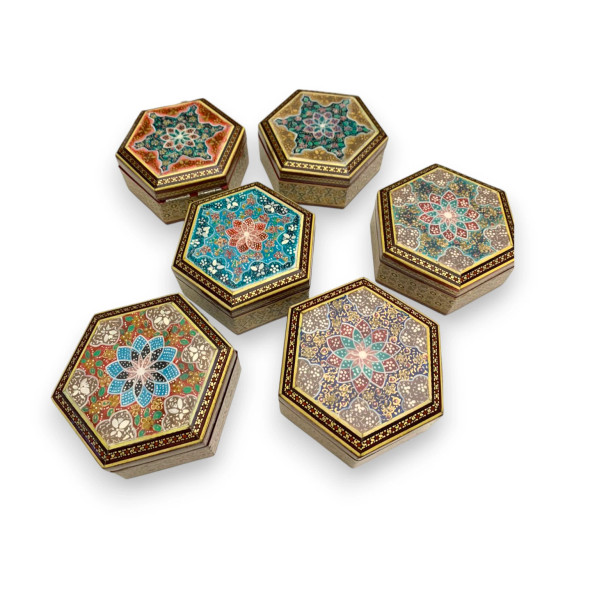Exclusive Hand Painted Khatamkari Hexagon Box , Jewelry Box , Gift Box , 1 Piece Assorted Pattern Wooden Storage Box Heritage Collection Detail