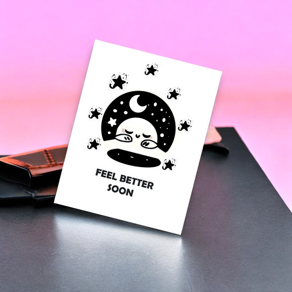 A professional preview of the monochrome sleeping moon "Feel Better Soon" digital art file, ideal for home printing and personal greetings.