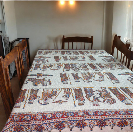 Large 190x135 cm Ghalamkari tablecloth spread on a 6-person rectangular dining table