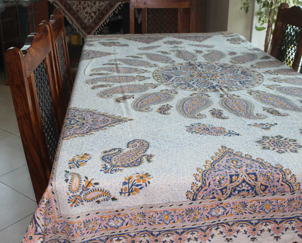 A beautiful 200x135 cm Ghalamkari table sheet with detailed block-printed traditional Persian motifs.