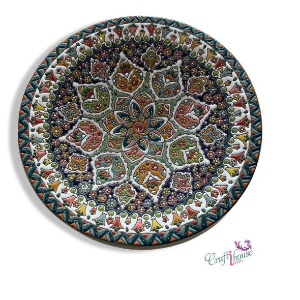 A monumental 30 cm handmade enamelled pottery plate featuring vibrant hand-painted 3D floral patterns and a high-gloss finish.