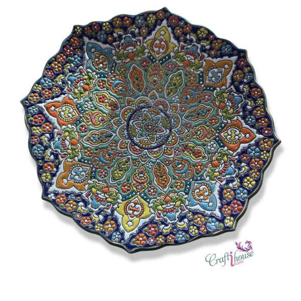 A premium 25 cm handmade enamel painted ceramic plate featuring vibrant blue and yellow hand-painted floral motifs and a high-gloss finish.