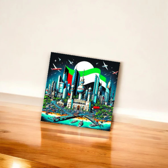 Artistic 8x8 cm aluminium travel magnet depicting Kuwait's urban landscape.
