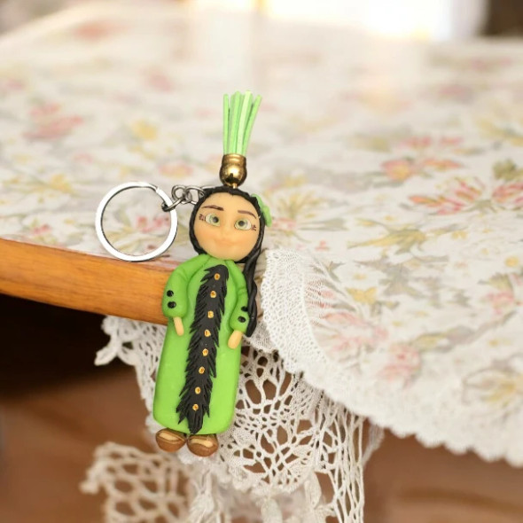 Unique Handmade Doll Keychain with Elegant Green Dress & Tassel Charm – Perfect Gift for Her, Wife, or Qatar Souvenir - Handcrafted Heritage Souvenir from Craftihouse Dubai
