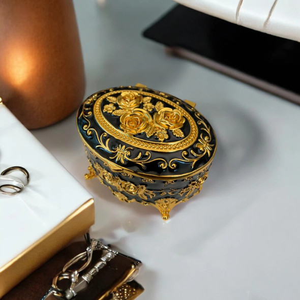 Luxury Golden-Black Metal Jewelry Box Artisan Detail View