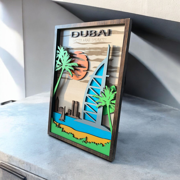 Dubai Skyline Wood Carving Frame – 30x20 cm Burj Al Arab Sunset Design | Handcrafted Dubai Cityscape Wall Art with Palm Trees - Handcrafted Heritage Souvenir from Craftihouse Dubai