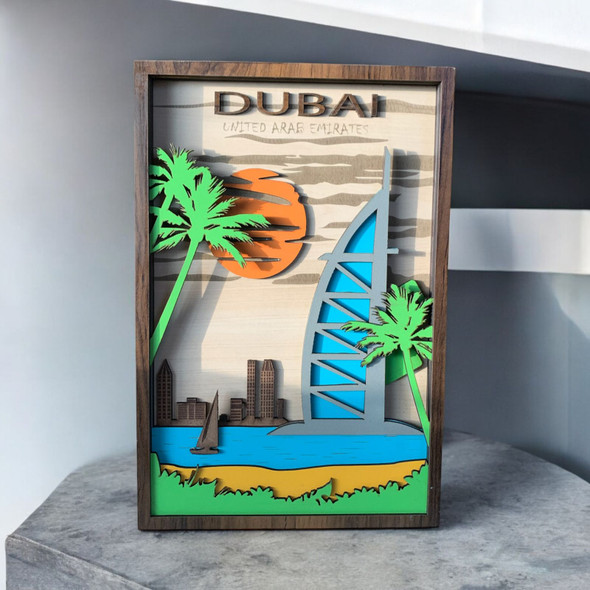 Dubai Skyline Wood Carving Frame – 30x20 cm Burj Al Arab Sunset Design | Handcrafted Dubai Cityscape Wall Art with Palm Trees - Handcrafted Heritage Souvenir from Craftihouse Dubai