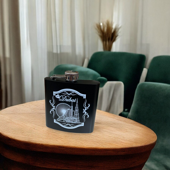 A sophisticated 7 oz matte black flask, perfect for Dubai memories.