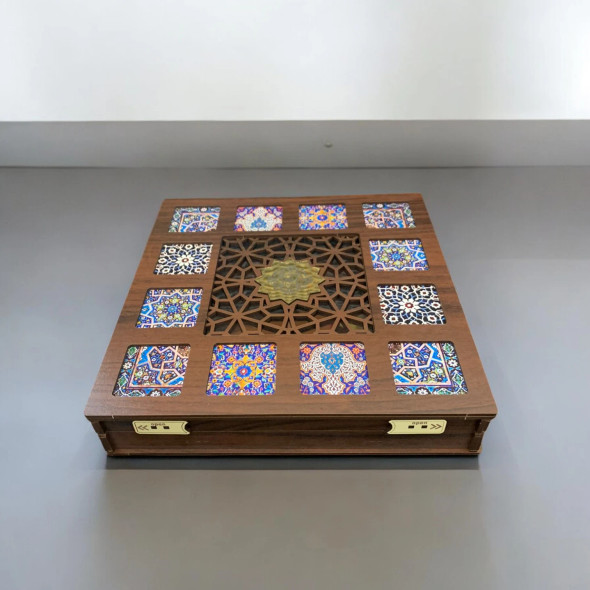 Luxury Decorative Wooden Box With -Inspired Tile Motifs Artisan Detail View