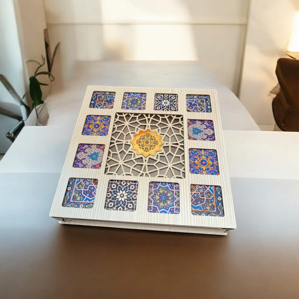 Luxury Elegant Wooden Gift Box With -Inspired Tile Motifs Artisan Detail View
