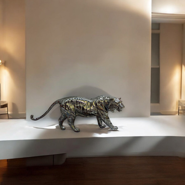 A premium 45 cm handmade bronze tiger sculpture titled "The Golden Prowler" featuring a detailed prowling posture and metallic finish.