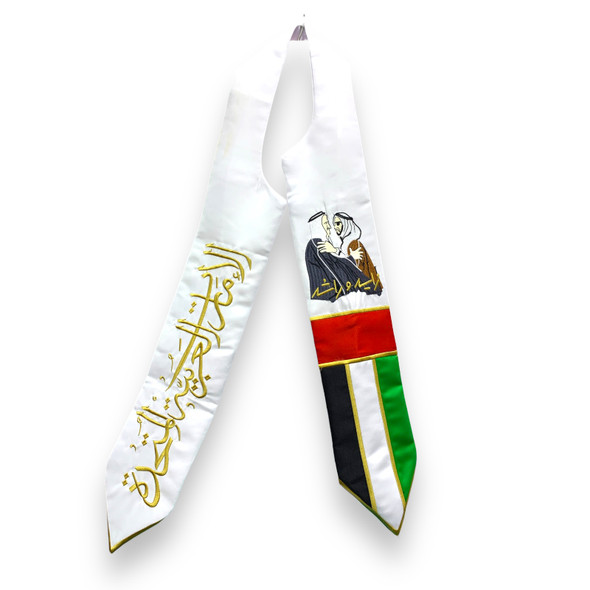 "The Founding Fathers" embroidered shawl shown as a prestigious patriotic accessory draped over a traditional Emirati Abaya.