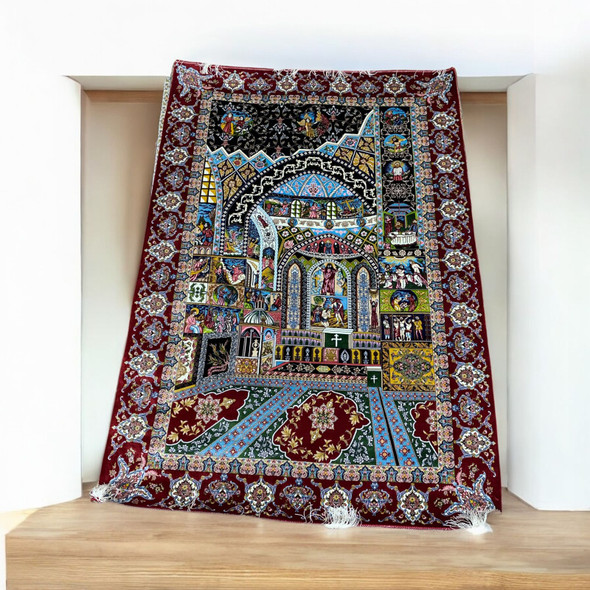 Elegant Religious Silk Carpet With Church Design 150x100 Cm – Perfect Holiday | Luxury Heritage Decor & Unique Artisan Piece - Luxury Handcrafted Art Craftihouse Dubai