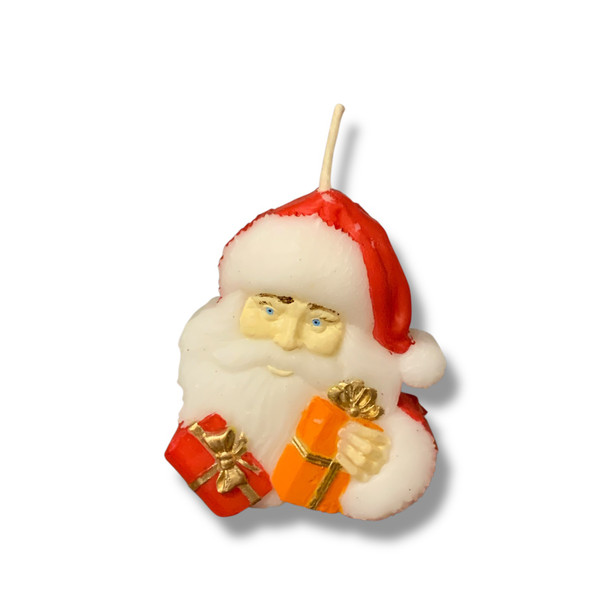 Detailed side perspective view highlighting the clean, uniform thickness of the top cotton wick and the stable, freestanding base of the festive wax figurine.
