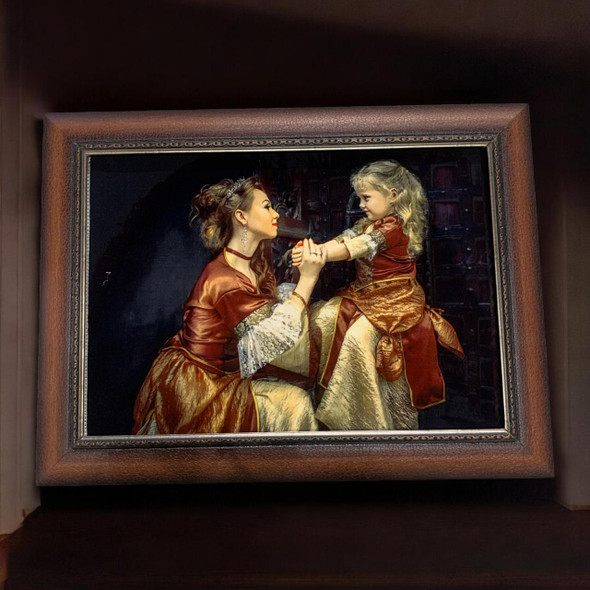 Luxury Mother & Daughter Scene Machine-Made Wall Hanging Carpet Artisan Detail View