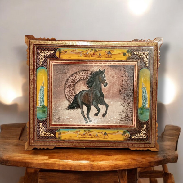 Arabian Horse Painting With Calligraphy – Hand-painted Uae With Brass Khatamkari Inlaid Wooden Frame – Corporate Vip Gift (64x54 Cm) | Luxury Heritage Decor & Unique Artisan Piece - Luxury Handcrafted Souvenir Craftihouse Dubai