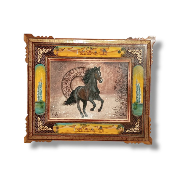Arabian Horse Painting With Calligraphy – Hand-painted Uae With Brass Khatamkari Inlaid Wooden Frame – Corporate Vip Gift (64x54 Cm) | Luxury Heritage Decor & Unique Artisan Piece - Luxury Handcrafted Souvenir Craftihouse Dubai