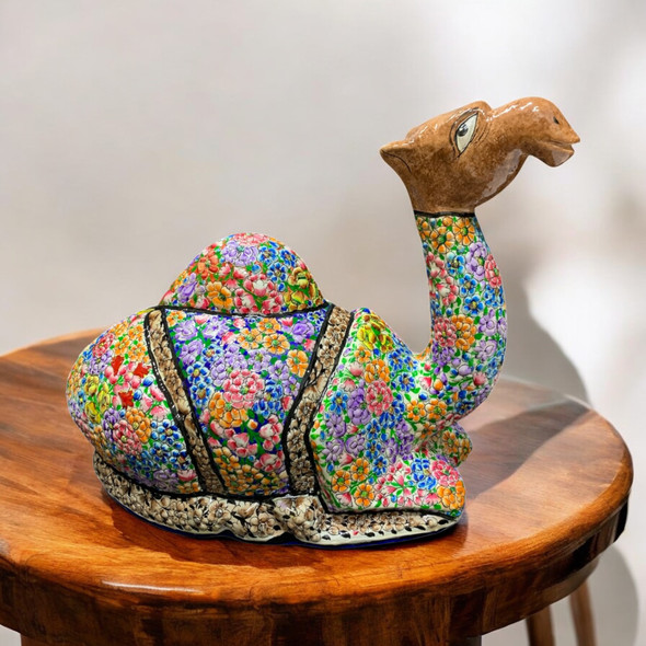 Luxury Hand-painted Paper Mache Sitting Camel Artisan Detail View