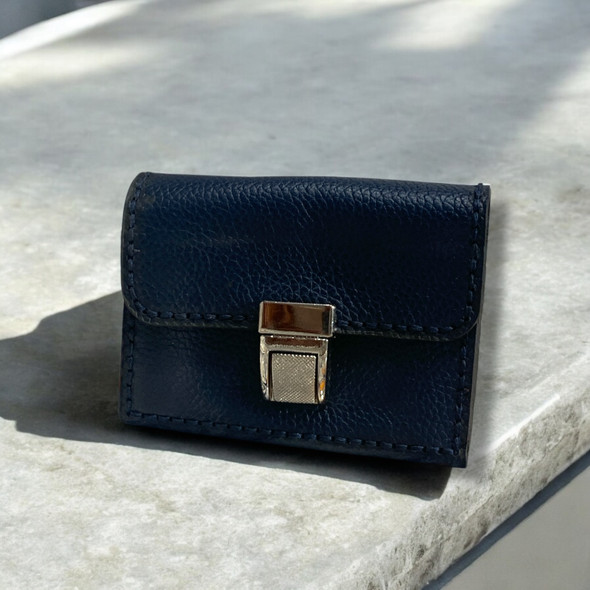 Luxury NAVY BLUE Handmade Natural Leather Card Holder Artisan Detail View
