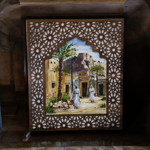 Hand-painted Wooden Wall With Arabic Geometric Frame – Traditional Village Scene 35x40 Cm Framed Artwork With Intricate Wooden Carving | Luxury Heritage Decor & Unique Artisan Piece - Luxury Handcrafted Souvenir Craftihouse Dubai