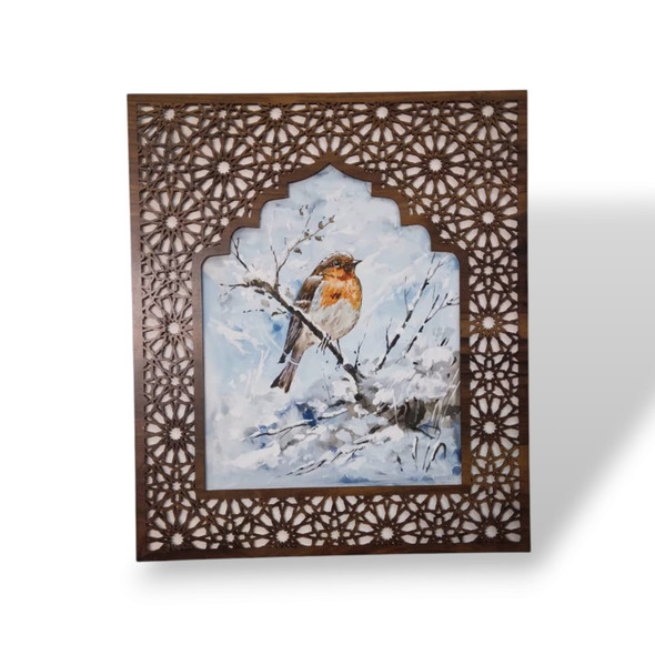Hand-painted Bird Artwork With Arabesque Wooden Frame – Framed Wall With Mashrabiya Design – 35x30 Cm | Luxury Heritage Decor & Unique Artisan Piece - Luxury Handcrafted Souvenir Craftihouse Dubai