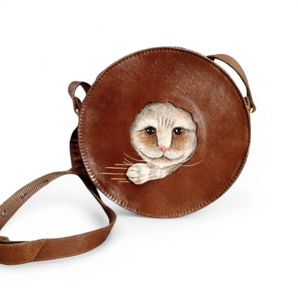 Handcrafted Hand-Painted Leather Cat Crossbody Bag for Home and Gift