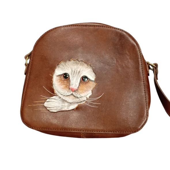 Luxury Hand-Painted Leather Kitty Crossbody Bag Artisan Detail View