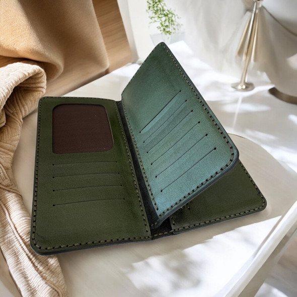 Luxury Handmade Dark Green Leather Wallet Artisan Detail View