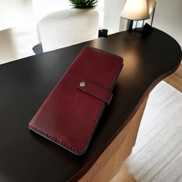 Luxury Handmade Maroon Leather Wallet Artisan Detail View
