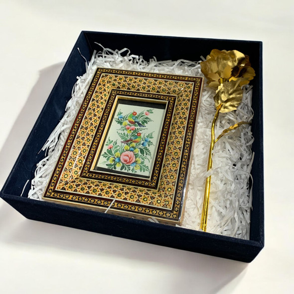 Luxury Handmade Gift Set For Her – Gold Plated Rose Camel Bone Miniature Painting Nightingale Birds Flowers Khatamkari Frame 26x26 Cm Box | Sophisticated Middle Eastern Art & Home Anchor - Luxury Handcrafted Souvenir Craftihouse Dubai