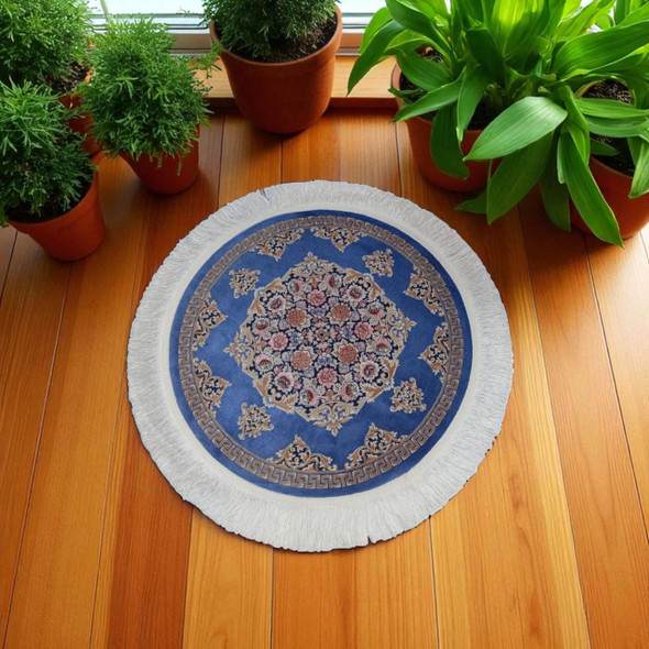 Blue Floral Round Silk Carpet | Artisan Home Decor Souvenir - Luxury Handcrafted Art Craftihouse Dubai
