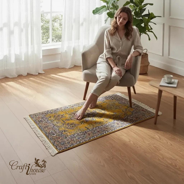 Floral Silk Carpet – 115x75 Cm Yellow Pattern Luxury Centerpiece For Living Room Or Bedroom | Authentic Soft Sajadah | Elegant Muslim Prayer Rug - Luxury Handcrafted Art Craftihouse Dubai