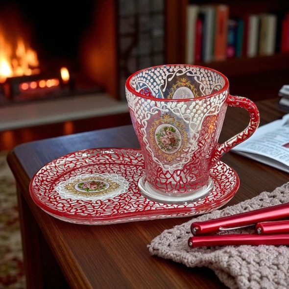 A set of hand-painted glass coffee cups and saucers, ideal for entertaining or as a luxurious gift for someone who appreciates unique glassware.