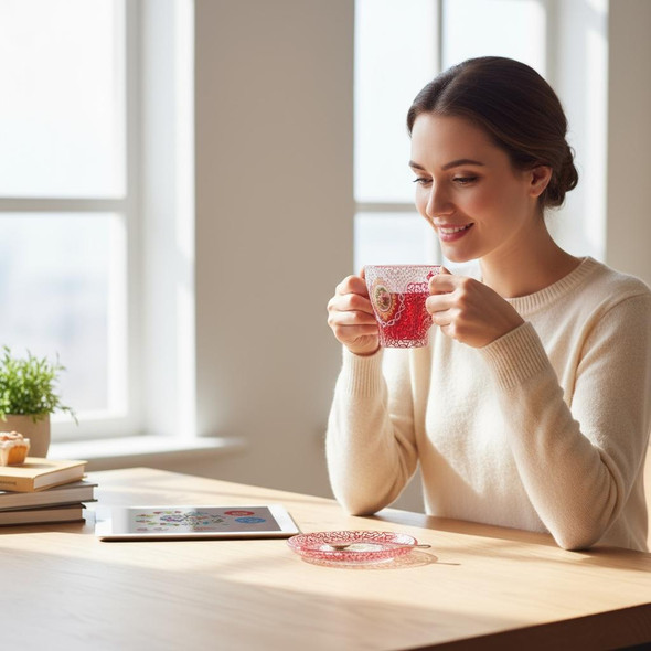 Three-quarter exhibition view of a premium hand-painted glass coffee cup resting on a matching oblong saucer, decorated with an intricate red and white lace pattern.