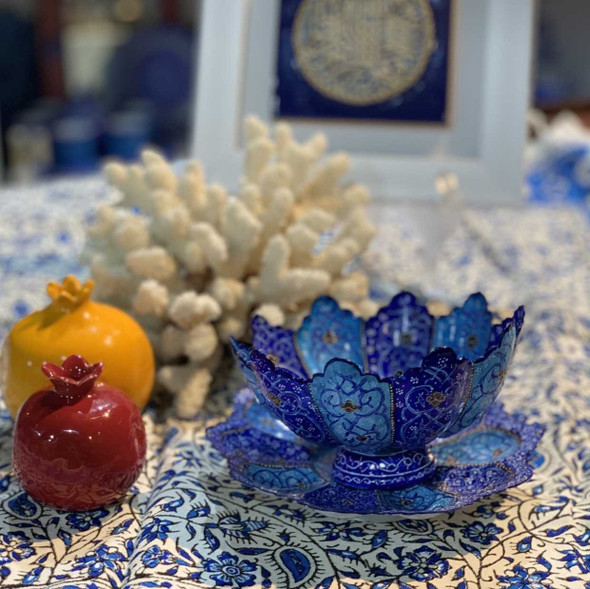 Detailed close-up of the vibrant enamel colors and intricate embossed copper textures on this 2-piece luxury serving set.