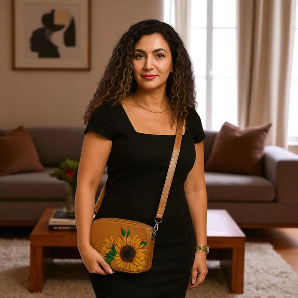 Handmade Natural Leather Bag with Hand-Painted Sunflower Handmade Natural Leather Bag with Hand-Painted Sunflower
