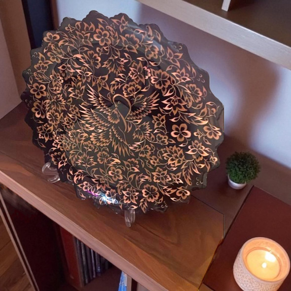 Full setting presentation of the traditional hand-engraved copper artwork displayed on a luxury office cabinet shelf, serving as a prestigious corporate gift or elegant cultural memento.