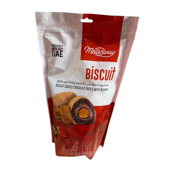 premium 500g package, highlighting the velvety chocolate layer, the fine crispy biscuit crumble coating, and the whole roasted almond interior.