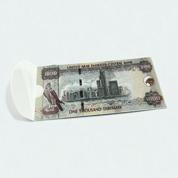 Front view of a premium paper money envelope printed with a realistic 1000 AED banknote pattern, presented as a novelty cash gift sleeve for Eid blessings.
