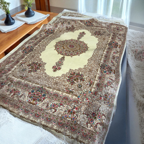 Floral Pattern Silk Carpet – 150x100 Cm Beige Decorative Floor Rug Machine-made Silk Carpet Elegant Décor Gift | Hand-finished Religious Mat | Sacred Home Heritage - Luxury Handcrafted Art Craftihouse Dubai