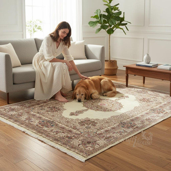 Floral Pattern Silk Carpet – 150x100 Cm Beige Decorative Floor Rug Machine-made Silk Carpet Elegant Décor Gift | Hand-finished Religious Mat | Sacred Home Heritage - Luxury Handcrafted Art Craftihouse Dubai
