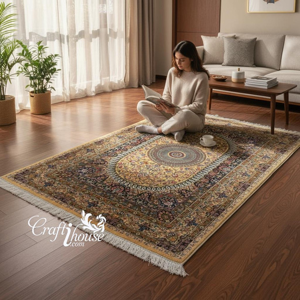 Silk Carpet – Machine Woven Oriental - Classic Silk Carpet – Machine Made With Medallion Pattern 150x100 Cm | Luxury Islamic Gift Idea | Traditional Mihrab Design Rug - Luxury Handcrafted Art Craftihouse Dubai