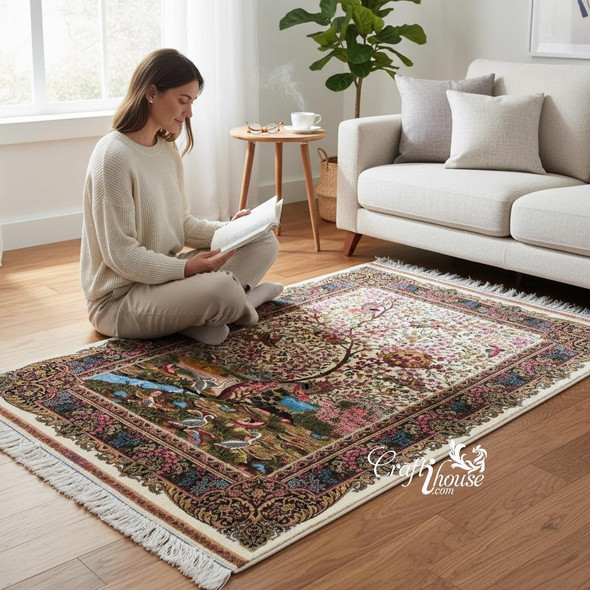 Machine Made Silk Carpet – Birds & Tree Of Life Design 150x100 Cm | High-end Boutique Souvenir | Crafted In Dubai - Luxury Handcrafted Art Craftihouse Dubai