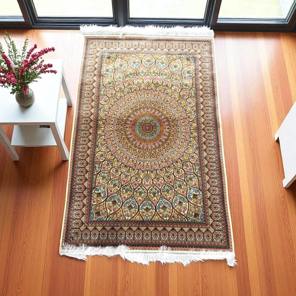 "gonbadi" Design Silk Carpet – Machine Made Decorative Rug (150x100 Cm) | Premium Islamic Prayer Mat | Traditional Janamaz Decor - Luxury Handcrafted Art Craftihouse Dubai