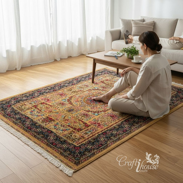 Red Rose & Floral Pattern Silk Carpet – Machine Made Decorative Rug 150x100 Cm | Hand-finished Religious Mat | Sacred Home Heritage - Luxury Handcrafted Art Craftihouse Dubai