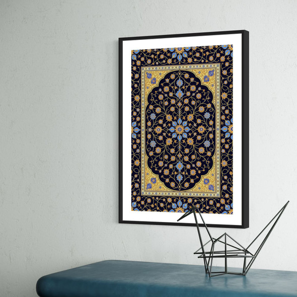 Interior design showcase of the printable oriental carpet motif poster displayed prominently in a sleek corporate suite office setup, balancing heritage artwork with contemporary styling.